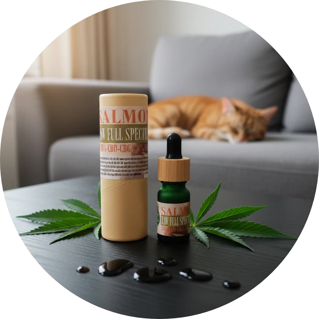 CBDITALY CBD-CBDA RAW full spectrum olio di salmone 6% Pets Line flacone contagocce con packaging kraft sul tavolo, gatto che riposa sullo sfondo