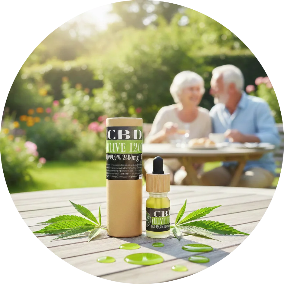 CBDITALY CBD Aceite de Oliva 12% Sportline frasco cuentagotas con envase kraft en mesa de jardín, pareja mayor al fondo