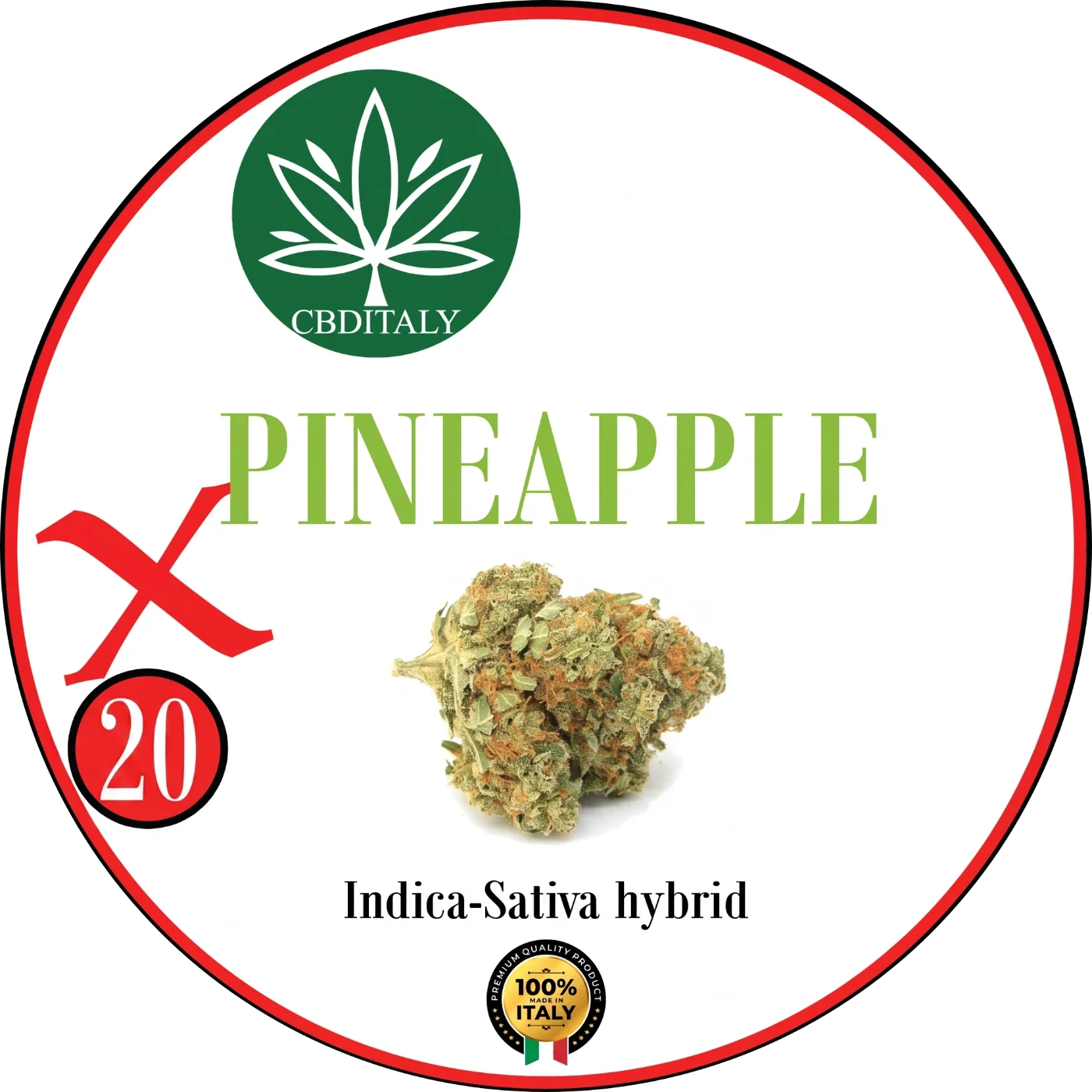 CBDITALY Pineapple X THCV 20% – fiore di canapa ibrido Indica-Sativa con scritta verde, prodotto in Italia