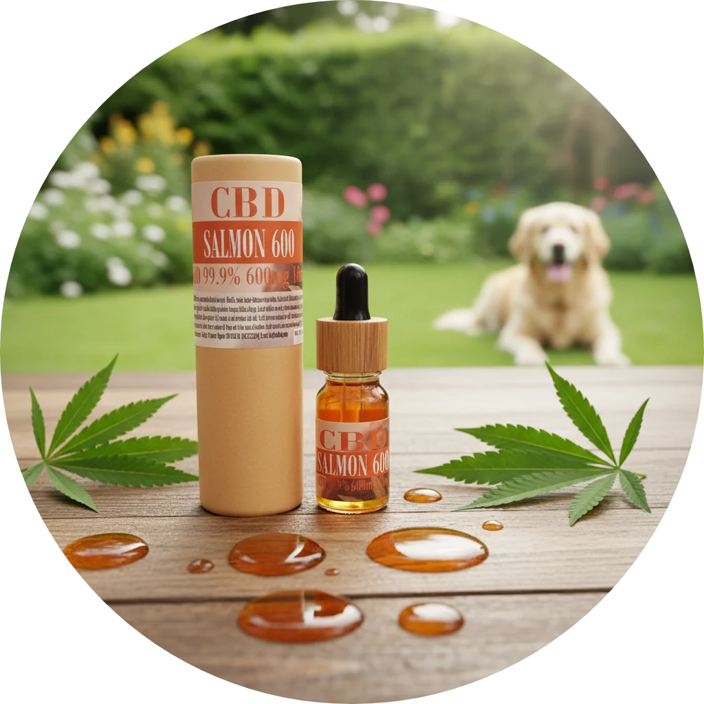CBDITALY CBD Olio di Salmone 6% per animali flacone contagocce con packaging kraft su tavolo da giardino, golden retriever sullo sfondo