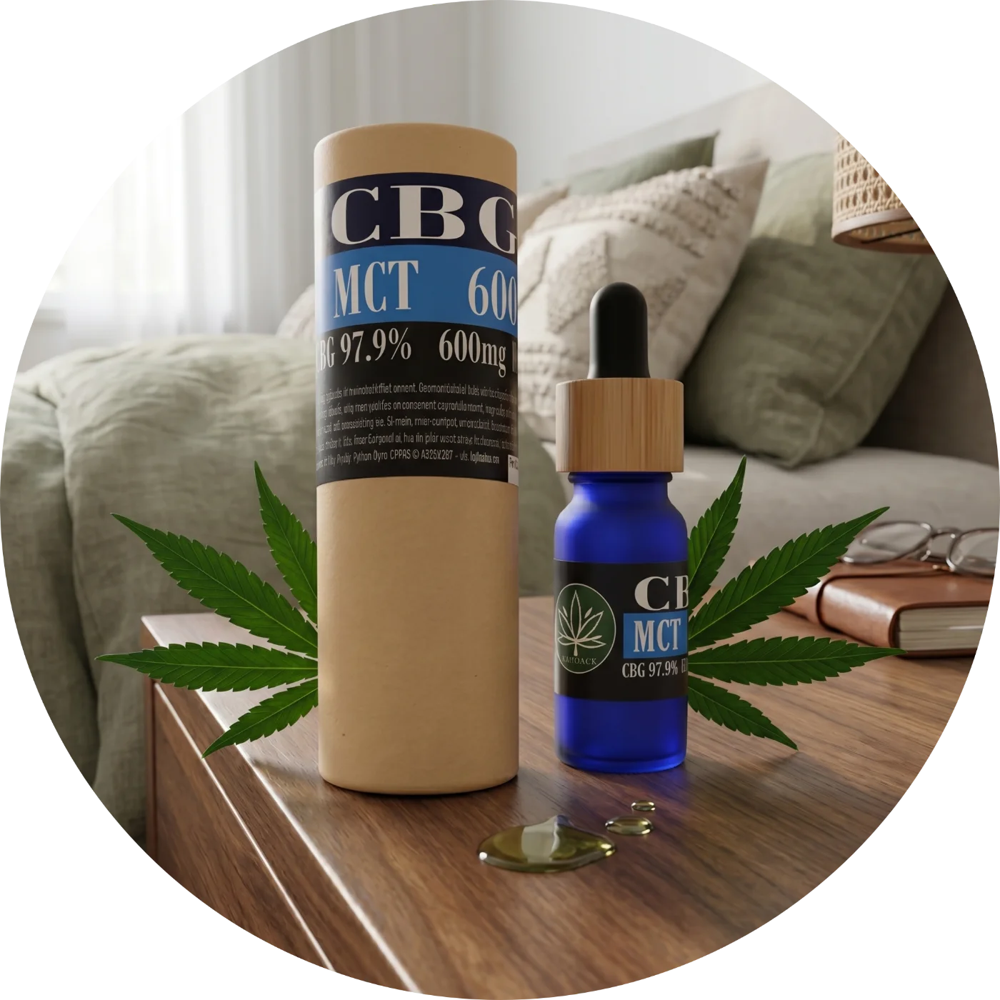 CBDITALY CBG MCT Oil 6% 600mg senza THC Sportline flacone in vetro blu con packaging kraft sul comodino