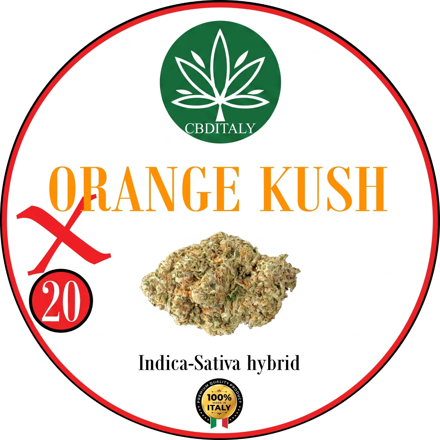 CBDITALY Orange Kush X THCV 20% – fiore di canapa ibrido Indica-Sativa con logo arancione, prodotto in Italia