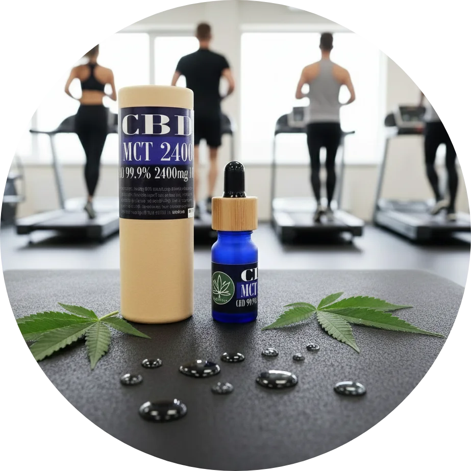 CBDITALY CBD MCT Oil 24% 2400mg senza THC Sportline flacone in vetro blu con packaging kraft in palestra
