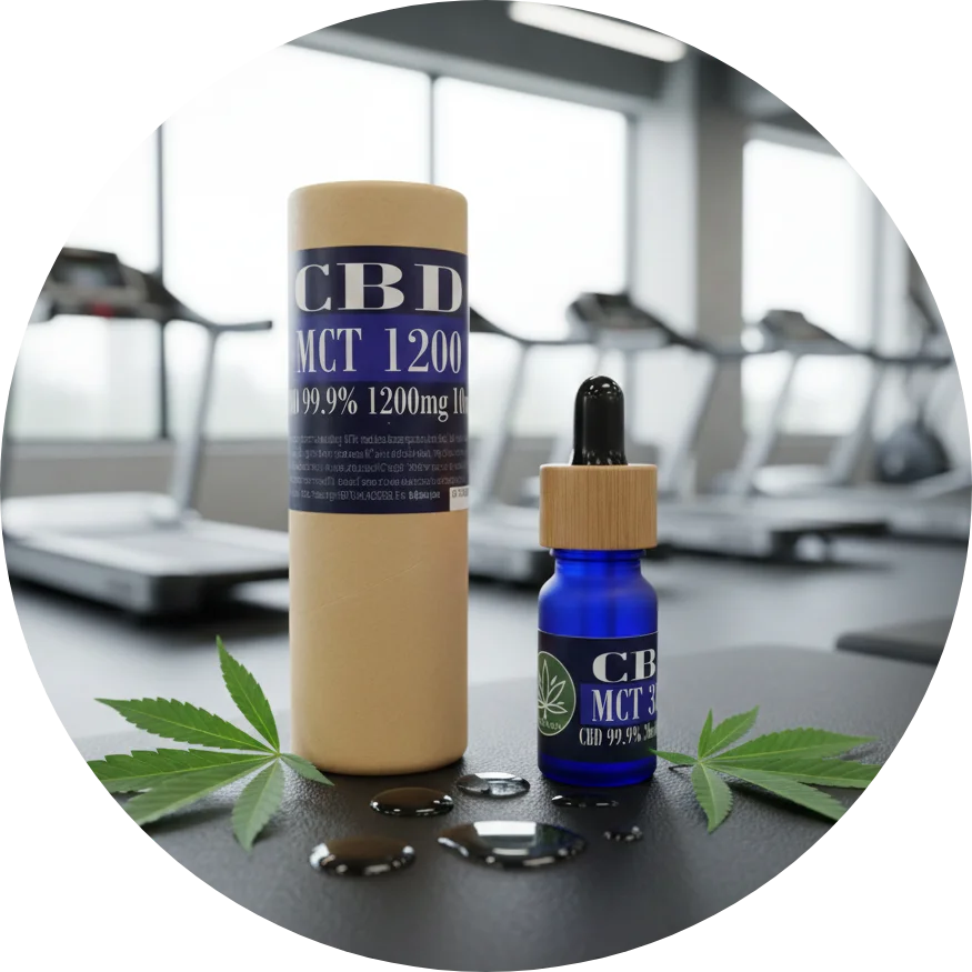 CBDITALY CBD MCT Oil 12% 1200mg senza THC Sportline flacone in vetro blu con packaging kraft in palestra