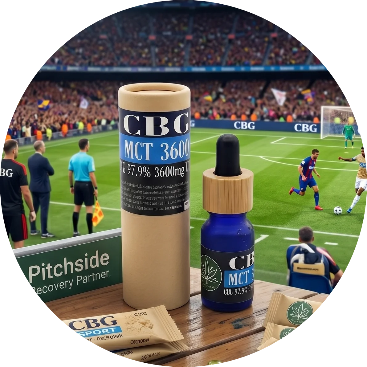 CBDITALY CBG MCT Oil 36% 3600mg senza THC Sportline flacone in vetro blu con packaging kraft a bordocampo