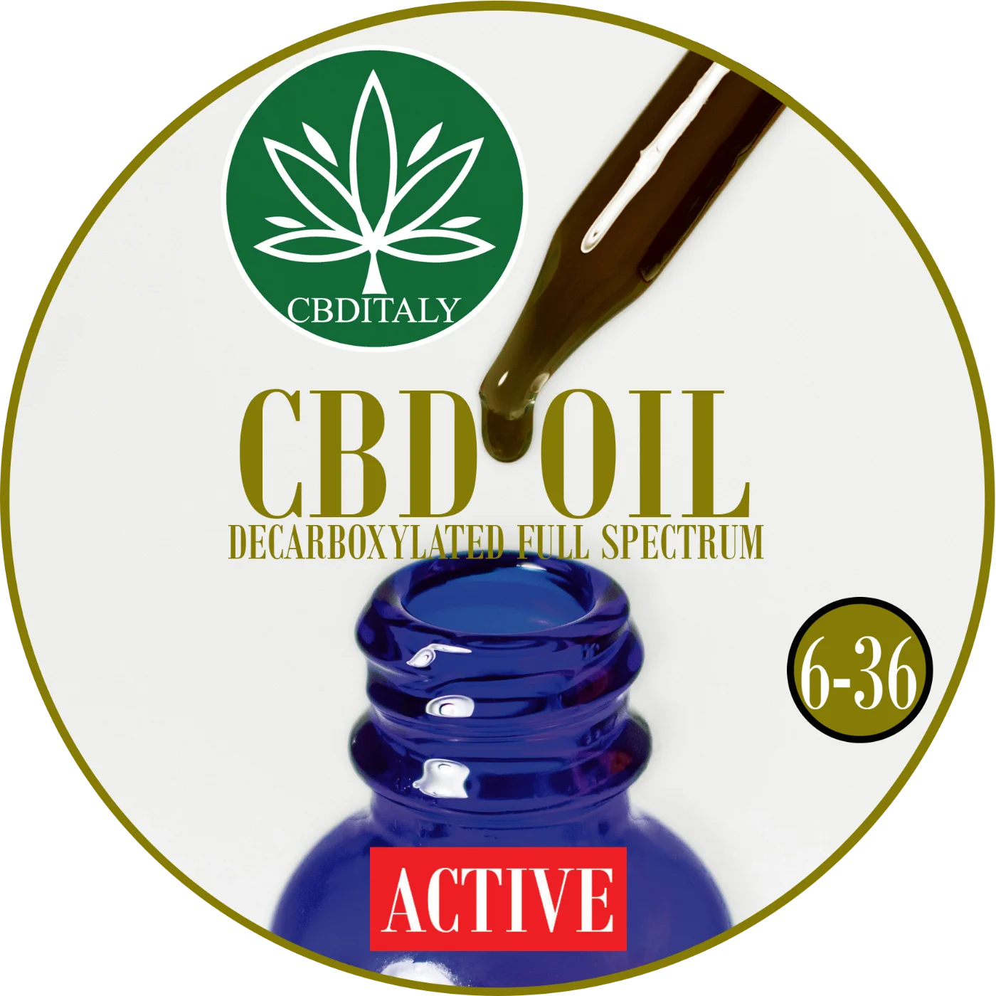 CBDITALY CBD Oil Active decarbossilato full spectrum flacone in vetro blu con contagocce, concentrazione 6-36
