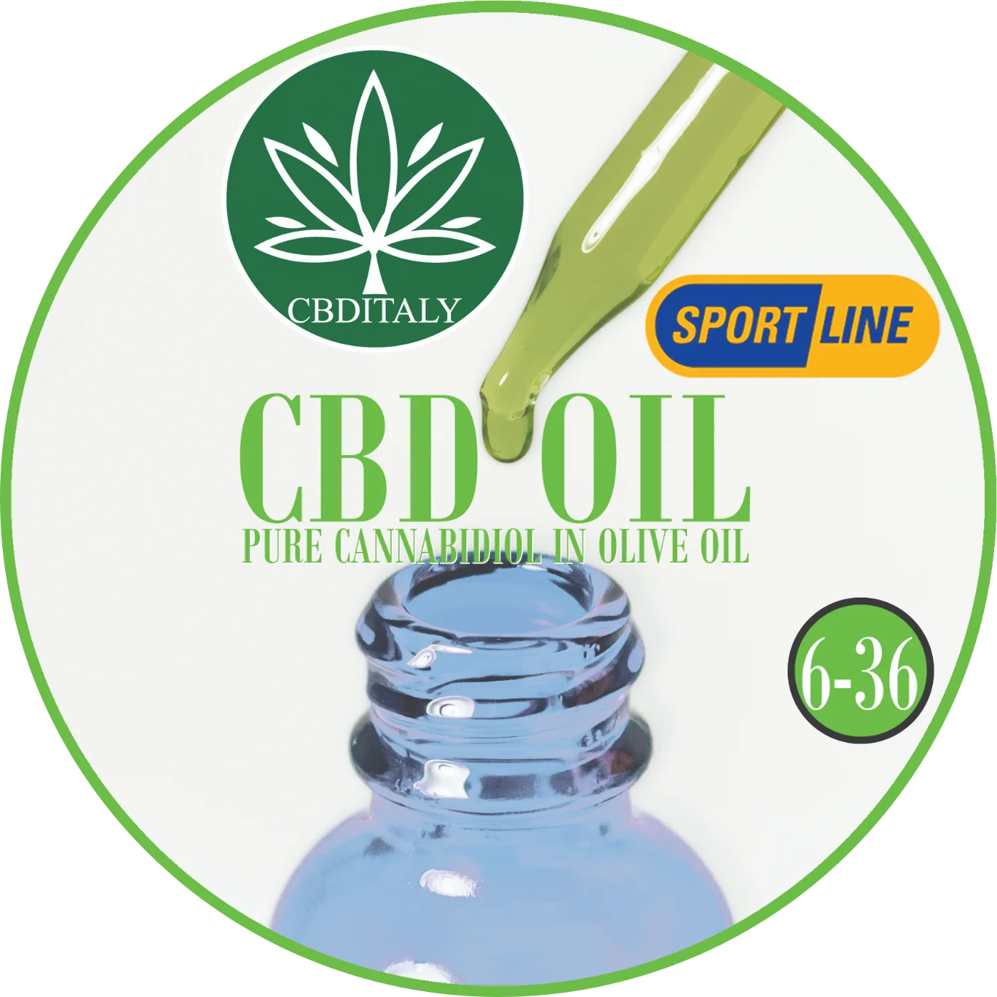 CBDITALY CBD Oil Sportline pure cannabidiol in olive oil, blue glass dropper bottle, concentration 6-36